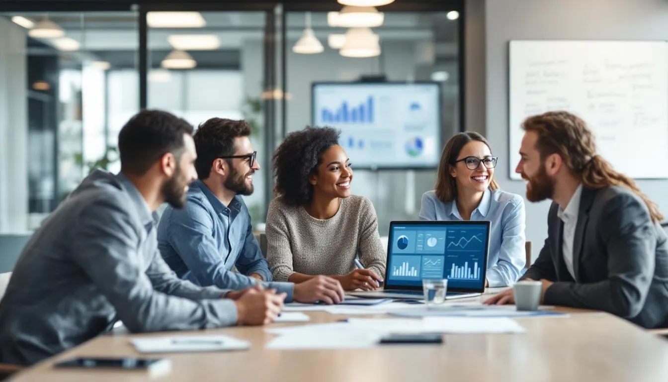 In the image, a group of data team members collaborates around computer screens displaying various analytics dashboards, highlighting data integration and analytics processes. They are engaged in discussions about data quality and transformation, utilizing tools like Informatica and Alteryx to enhance their workflows and support company operations.