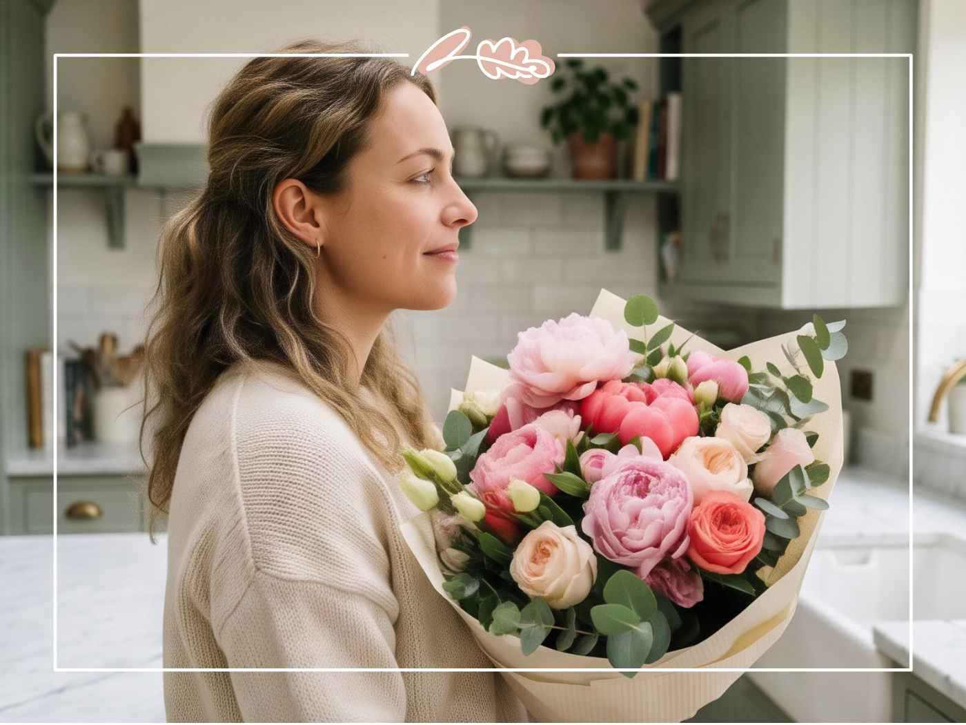 Side profile of a woman with a peonies South Africa bouquet of pink peonies and roses by Fabulous Flowers Cape Town florist