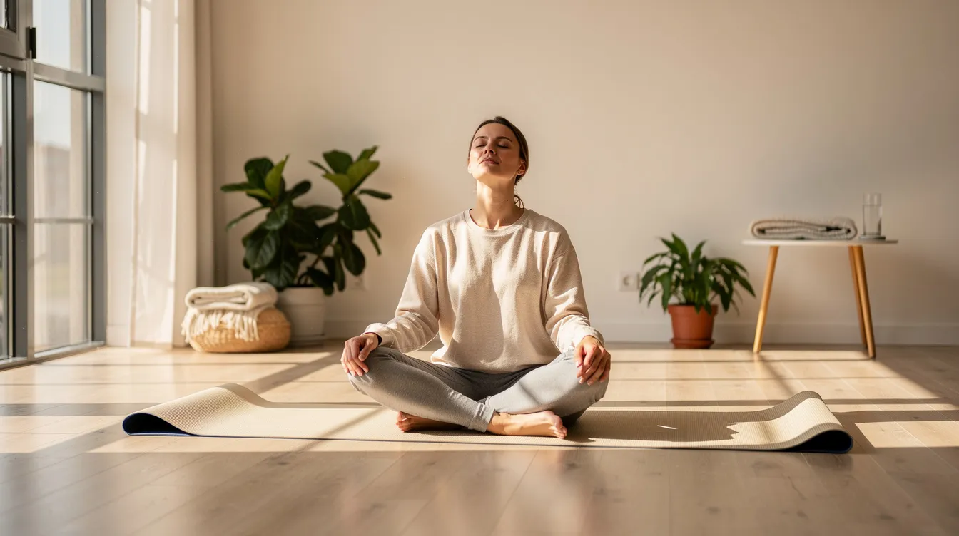 A person is sitting comfortably in a bright room, practicing breathing exercises, likely using the Wim Hof method to enhance their mental health and improve athletic performance. The serene environment suggests a focus on conscious breathing techniques, emphasizing relaxation and stress reduction.