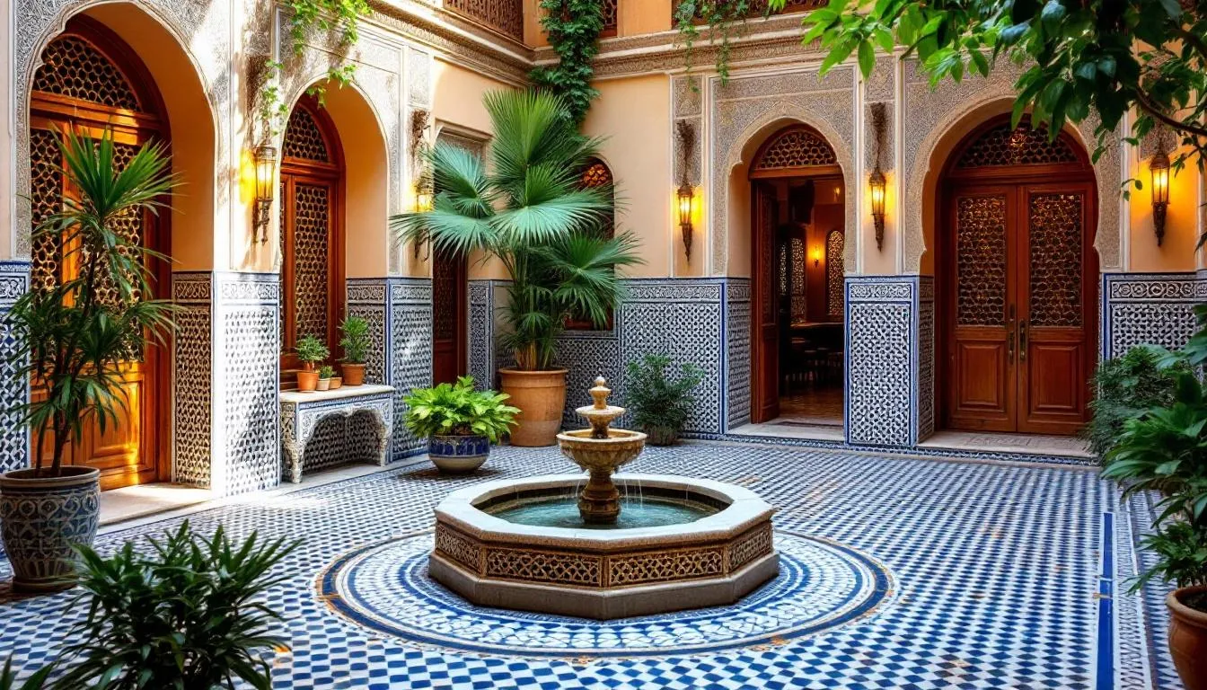 The image depicts a traditional Moroccan riad courtyard featuring intricate Islamic geometric patterns and a serene fountain at its center, embodying the rich culture and history of Morocco. This enchanting space invites travelers to explore the beauty of ancient medinas and experience the magic of Morocco's architectural wonders.