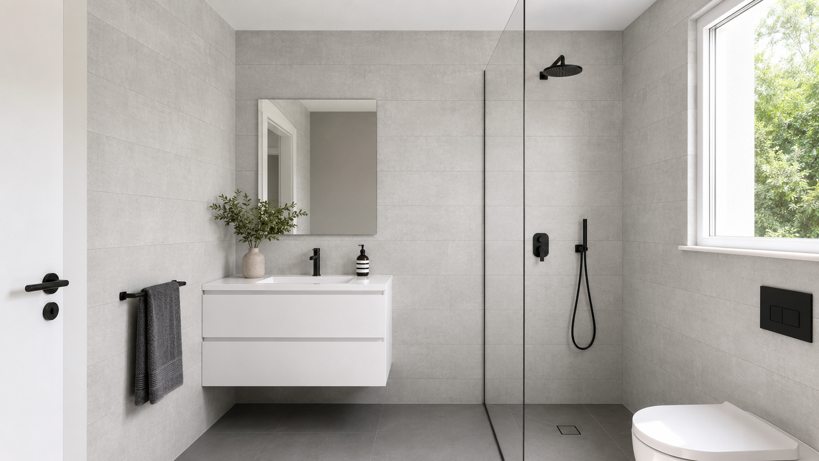 The image showcases a luxurious small bathroom featuring elegant gray subway tiles on the shower walls and small hexagon tiles on the shower floor, creating a seamless look with fewer grout lines. The compact space is enhanced by natural light, highlighting the timeless patterns and textures that add character to this modern bathroom design.