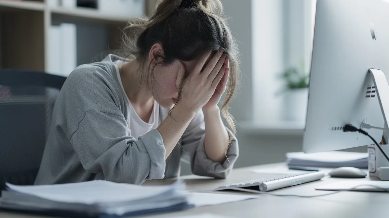Une femme fatiguée est assise à un bureau, la tête entre les mains, illustrant l'épuisement et les troubles de l'humeur liés au syndrome prémenstruel sévère. Son expression montre clairement les symptômes du syndrome prémenstruel, tels que la fatigue et l'irritabilité, souvent ressentis avant l'arrivée des règles.