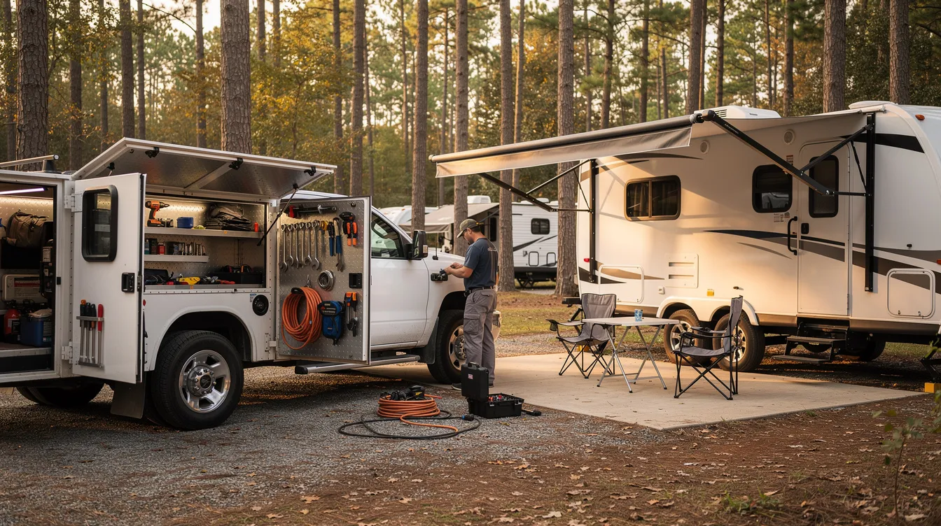 A mobile RV repair truck is parked next to a travel trailer in a campground, with various tools visible around it, indicating a professional service setup for RV maintenance and repairs. The scene suggests a convenient location for RV owners to access quick repairs and ensure their vehicles are in top condition.