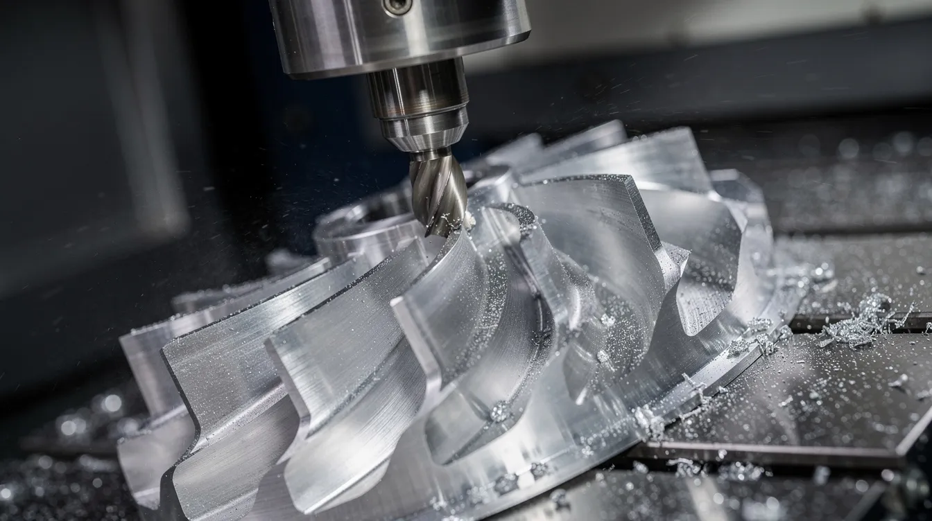 The image shows a close-up view of a five-axis CNC machining center actively cutting an aerospace-grade aluminum impeller, highlighting the advanced technology and precision engineering involved in CNC machining. This process is integral to producing high precision machined parts used in the aerospace industries.