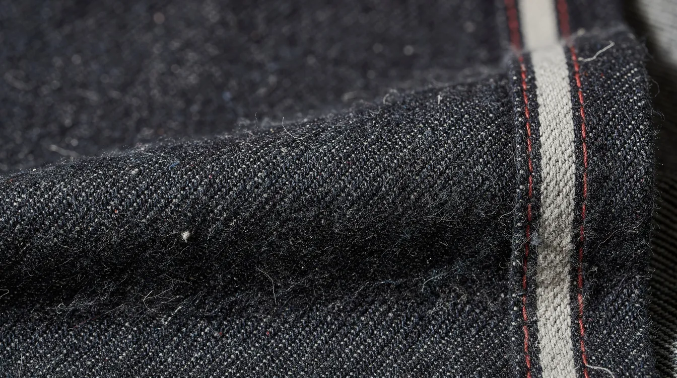 This close-up image showcases a dark indigo raw denim fabric, highlighting its intricate weave texture and the distinctive selvedge edge, which reflects the quality often found in the best jeans for men. The heavyweight denim emphasizes durability, making it a great choice for everyday wear.