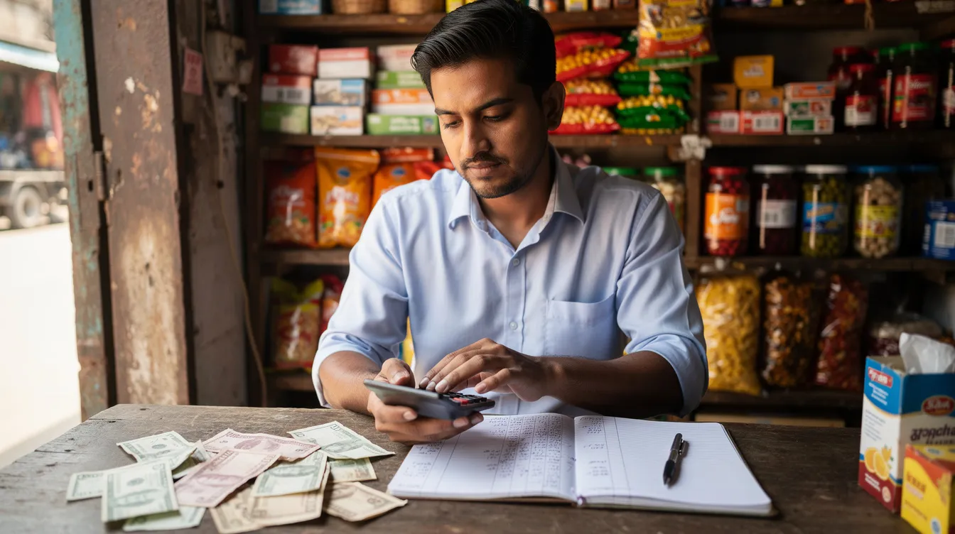 5b488e02 8836 492d a0eb 223a13d3c9a8 The image depicts an Indian entrepreneur, focused on calculating finances using a simple calculator at a small shop, symbolizing the entrepreneurial spirit and the importance of managing business loans effectively. This scene reflects the essence of micro enterprises and their reliance on financial assistance, such as mudra loans, to support their growth and success.