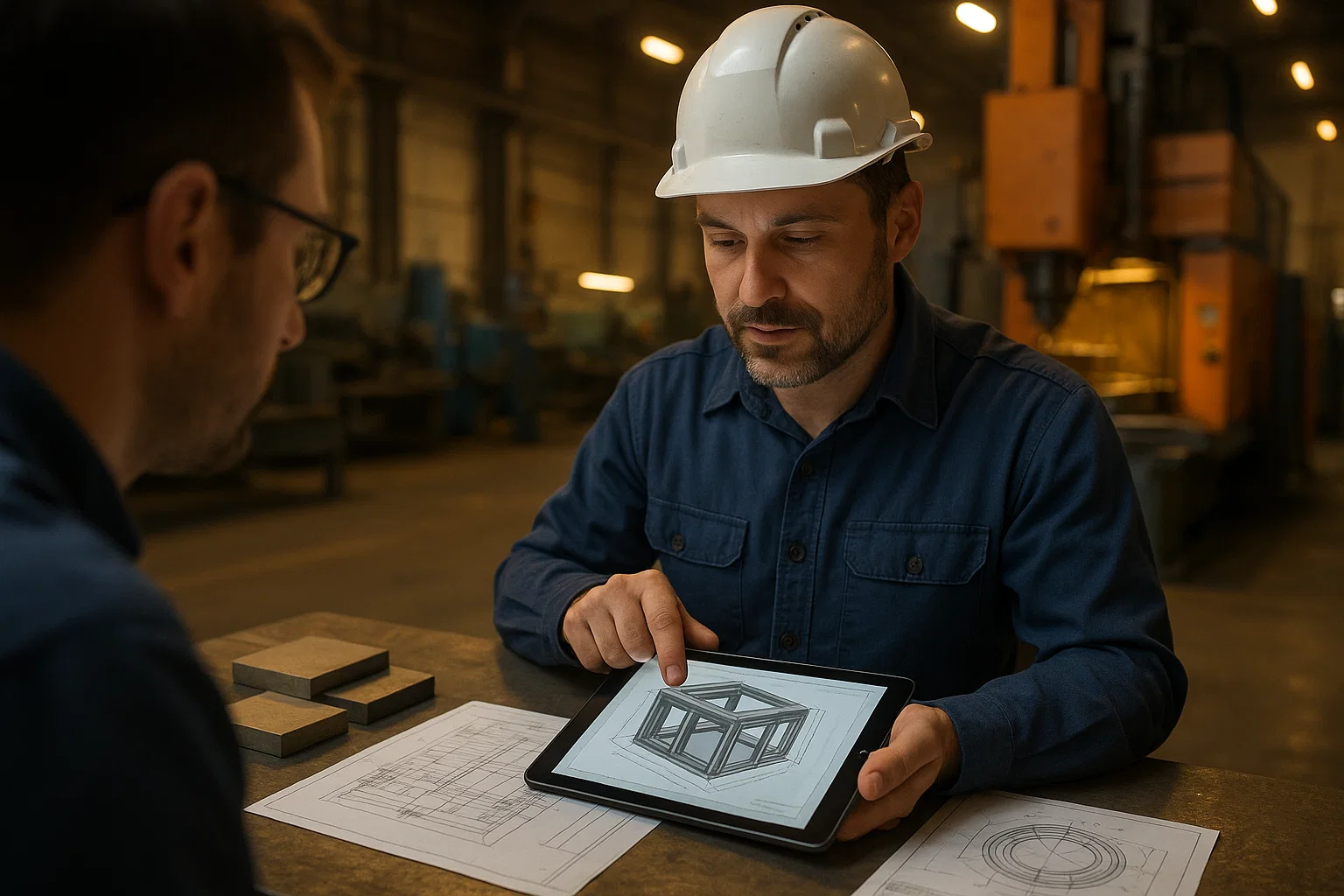 Engineer reviewing fabrication designs with materials and drawings to optimise performance and reduce downtime.