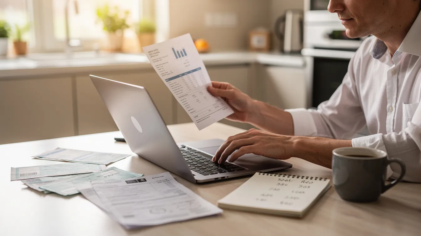 A person is seated at a kitchen table, reviewing financial documents and using a laptop, likely analyzing their debt to income ratio and preparing for a home equity loan application. The scene suggests a focus on understanding monthly payments and the potential for debt consolidation to manage outstanding balances.