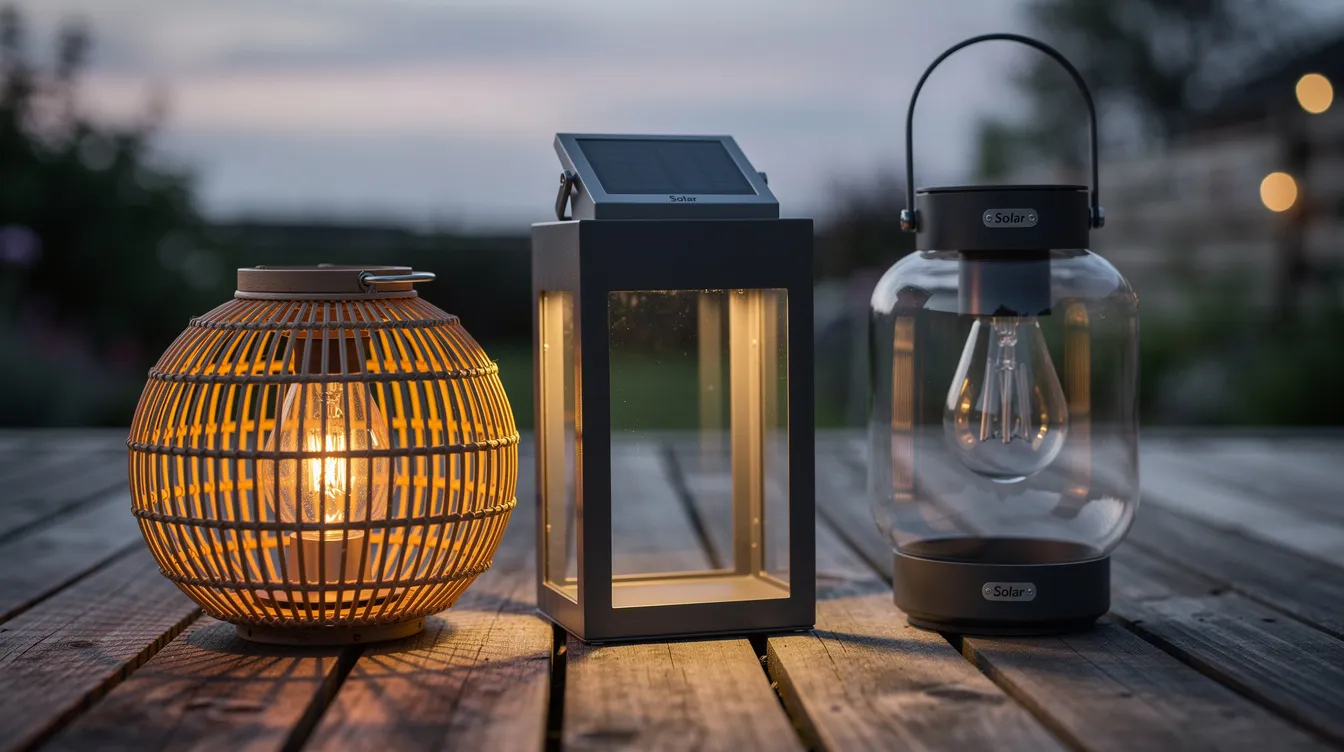 Die Nahaufnahme zeigt verschiedene Solarlaternen aus Rattan, dunklem Metall und Klarglas, die nebeneinander auf einer Holzterrasse bei Abenddämmerung stehen. Diese stilvollen Laternen erzeugen stimmungsvolle Lichtakzente und sind ideal für entspannte Sommerabende im Außenbereich.