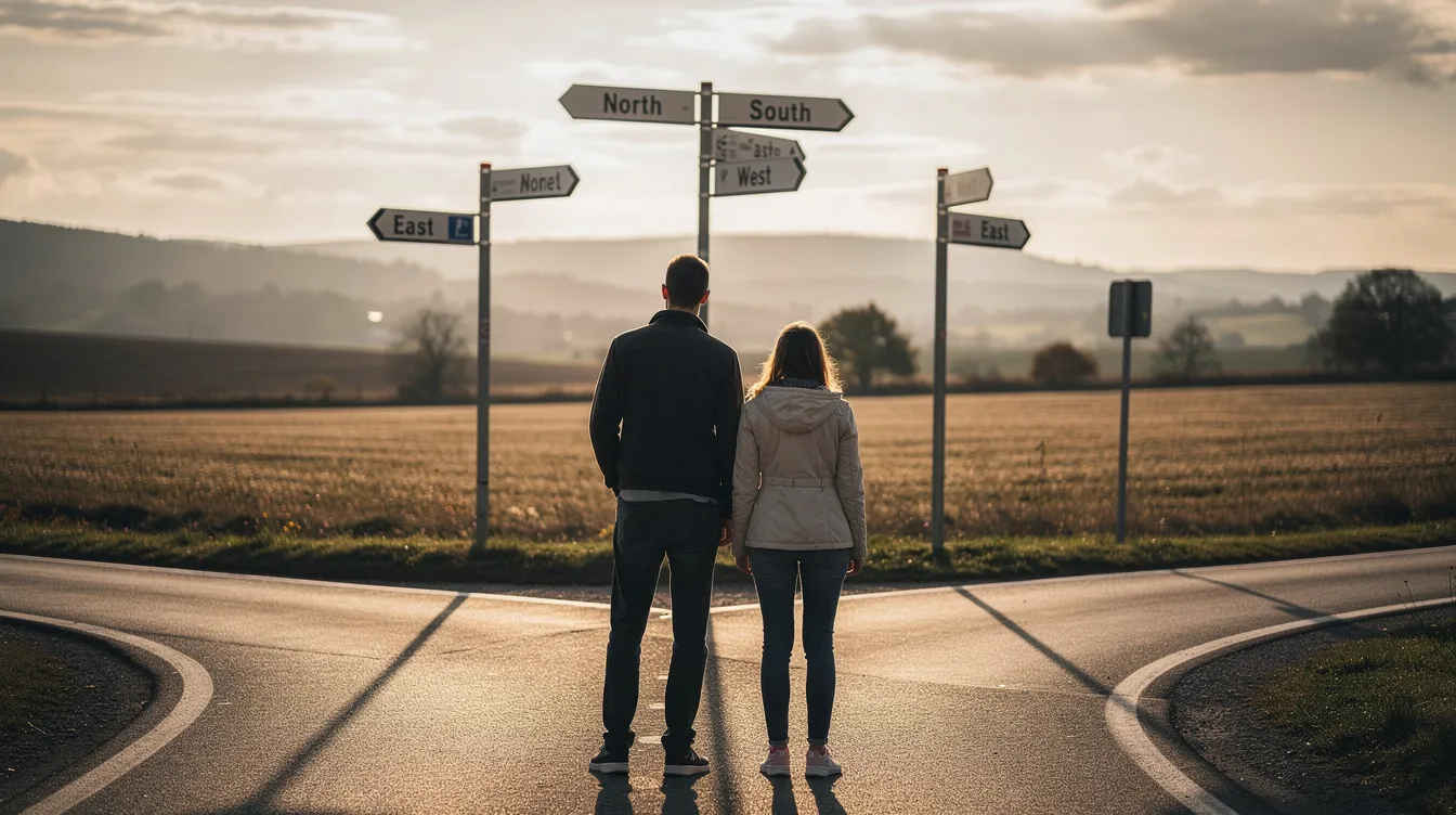 The image depicts two people standing at a crossroads, contemplating road signs that point in different directions, symbolizing the choices between various health care systems, such as the Canadian health system and the American system. This visual metaphor highlights the complexities of navigating health insurance options and the impact on health outcomes in both nations.