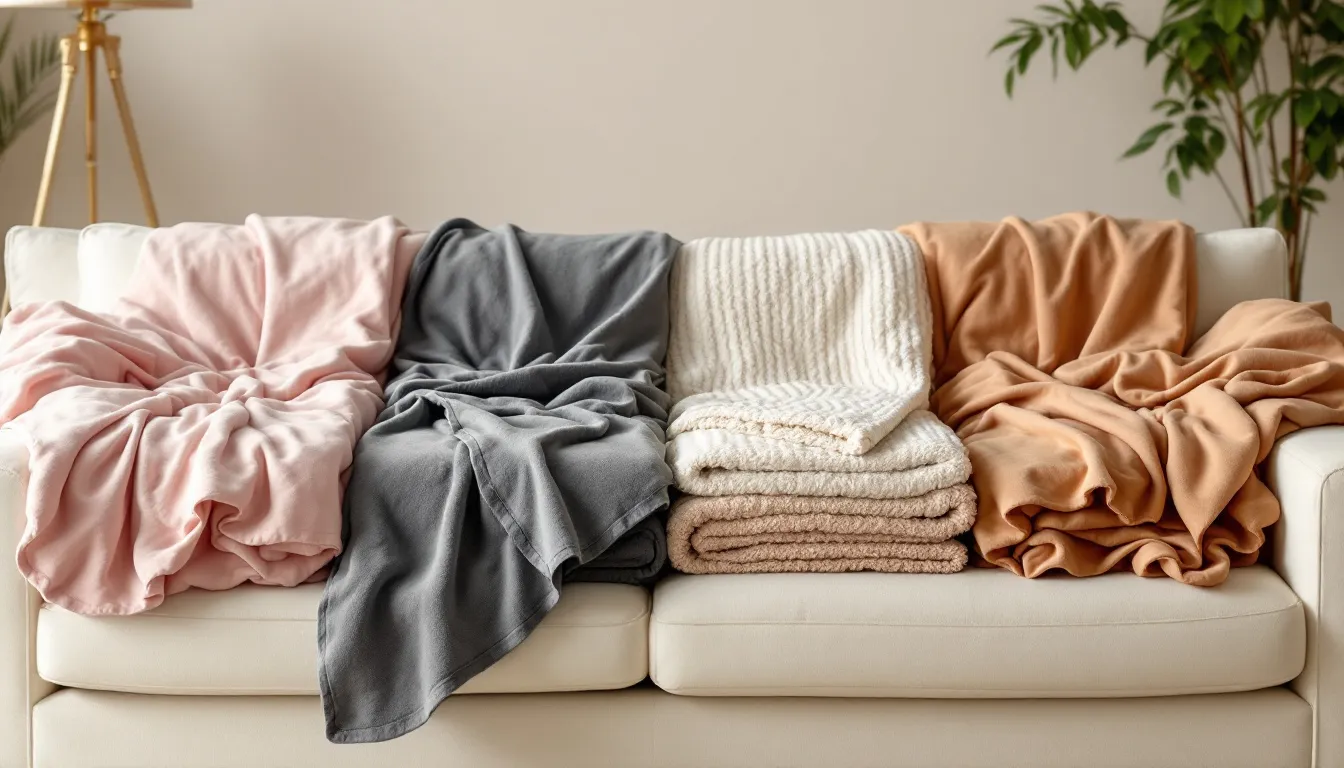 Different materials used in king size weighted blankets displayed side by side.