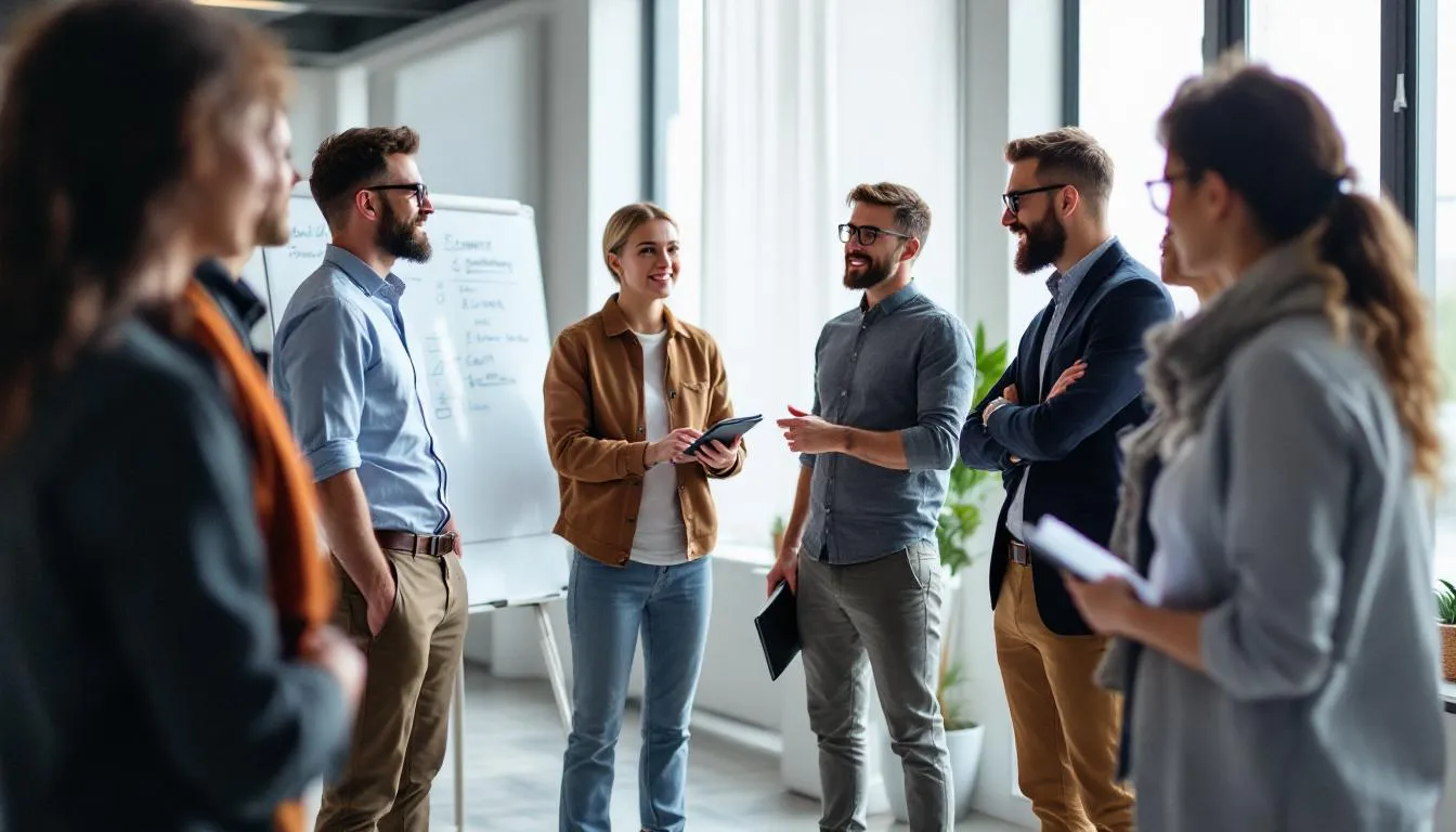 In einem modernen Büro findet ein SCRUM Stand-up Teammeeting statt, bei dem alle Teammitglieder um einen Tisch versammelt sind, um wichtige Themen und Probleme zu besprechen. Die Teilnehmer diskutieren die Regeln und besten Praktiken für effektive Teambesprechungen, um die Zusammenarbeit und den Erfolg der Projekte zu fördern.