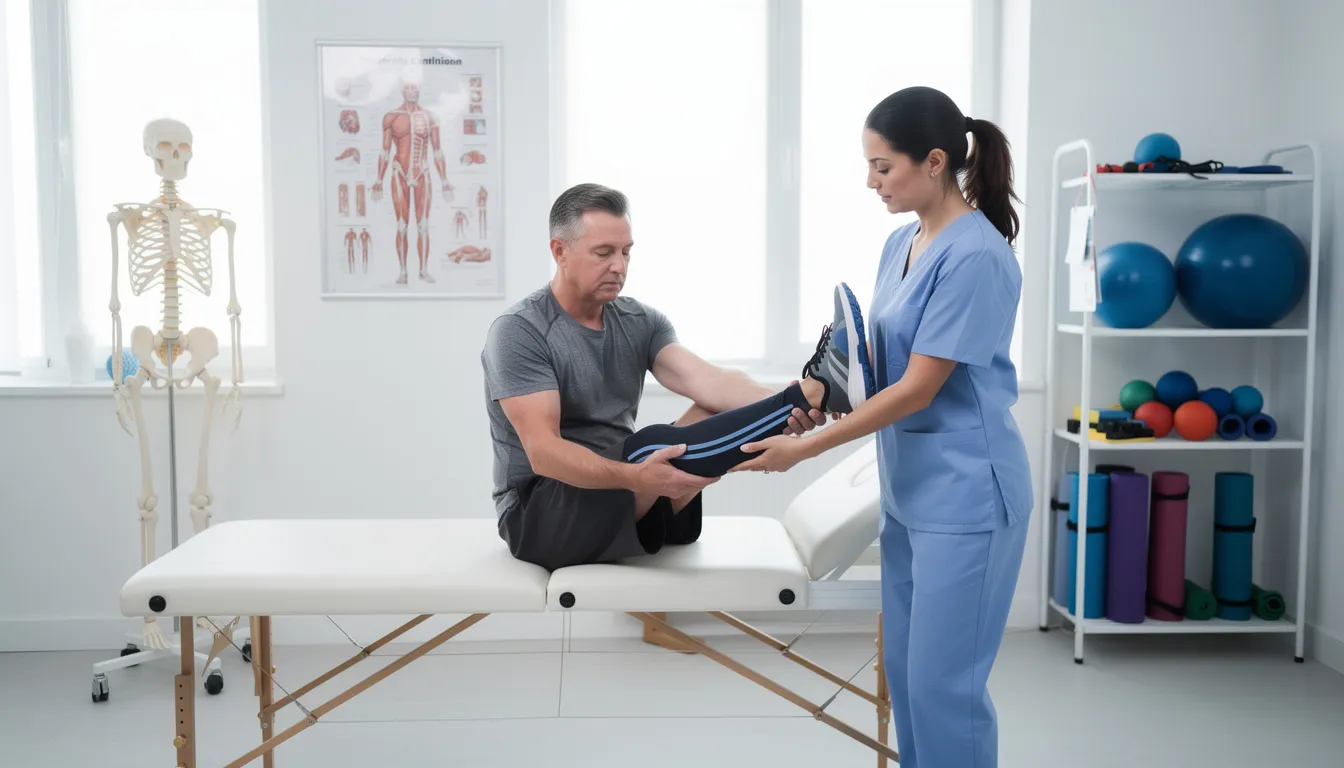 A patient is receiving physical therapy in a medical treatment setting, guided by a therapist who is demonstrating exercises to aid recovery from a workplace injury. This scene highlights the importance of seeking medical attention and legal support for injured workers to ensure they receive fair compensation for their medical expenses and lost wages.