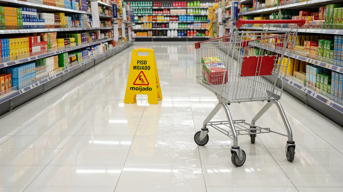 Un pasillo de supermercado con el piso mojado, donde un carrito de compras está estacionado. Esta situación puede representar un peligro para los clientes, aumentando el riesgo de accidentes por resbalones y caídas, lo que podría llevar a lesiones graves y la necesidad de contactar a un abogado de lesiones personales en Houston.