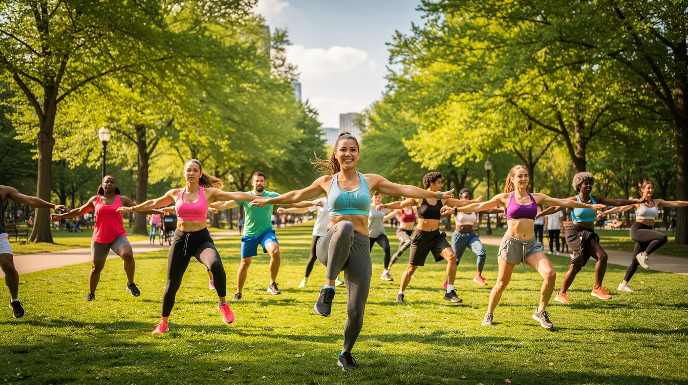 A diverse group of people is engaged in outdoor aerobic exercise in a park, promoting cardiovascular health and overall fitness. This activity can positively influence heart rate variability (HRV) metrics, which are important for assessing autonomic nervous system function and long-term health outcomes.