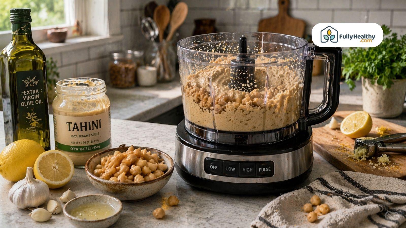 Food processor blending chickpeas with tahini garlic and olive oil