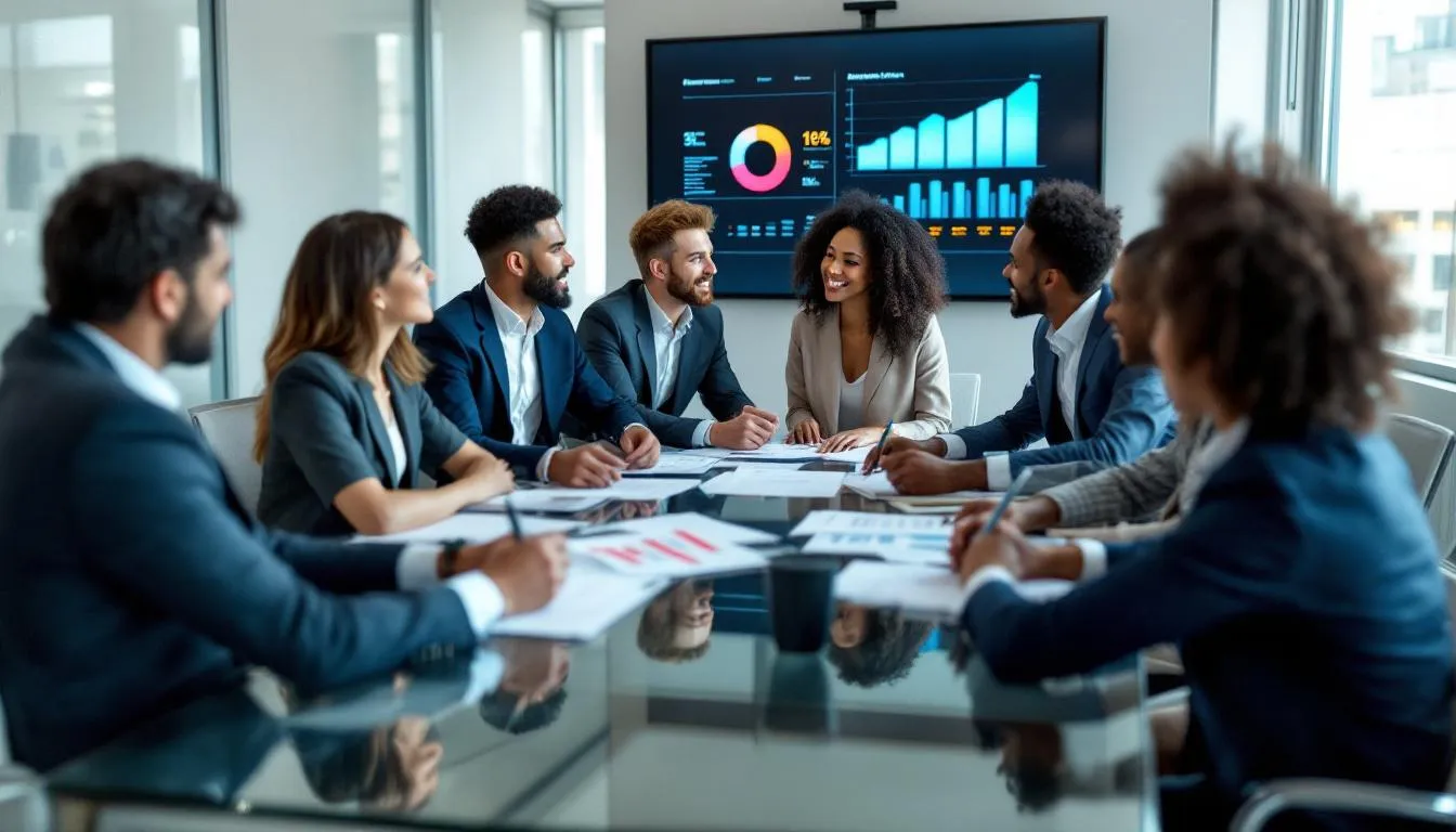 A diverse group of professionals is engaged in a business meeting, collaboratively reviewing marketing proposals and analyzing charts to develop strategic marketing strategies. The scene highlights their focus on achieving measurable results and enhancing brand visibility in a competitive market, showcasing the expertise of a digital marketing agency in Orlando.