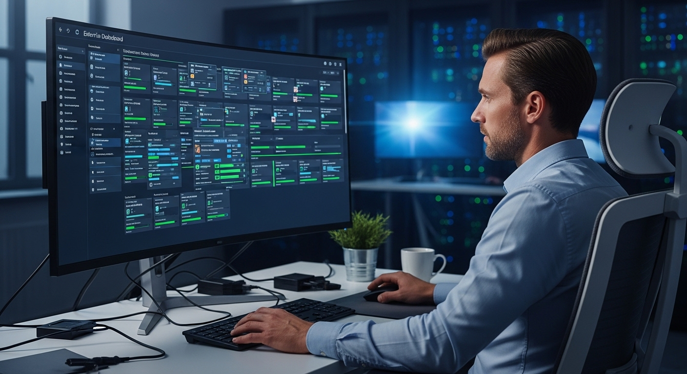 IT admin instantly provisioning dozens of virtual desktops from a centralized enterprise dashboard.