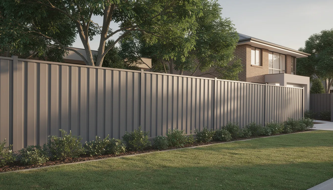 A modern colorbond fence is installed along the boundary of a residential property in a leafy suburban setting, providing both security and aesthetic appeal. This low maintenance fencing option is a popular choice among homeowners looking for quality workmanship and durability.