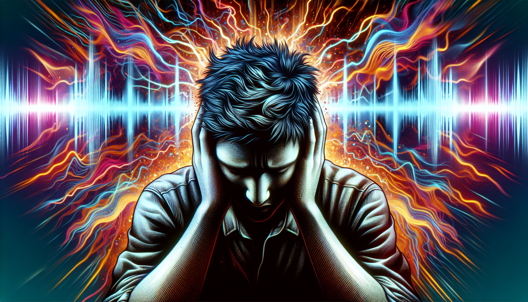 A person covering ears surrounded by loud noises, representing overwhelmed by sensory stimuli
