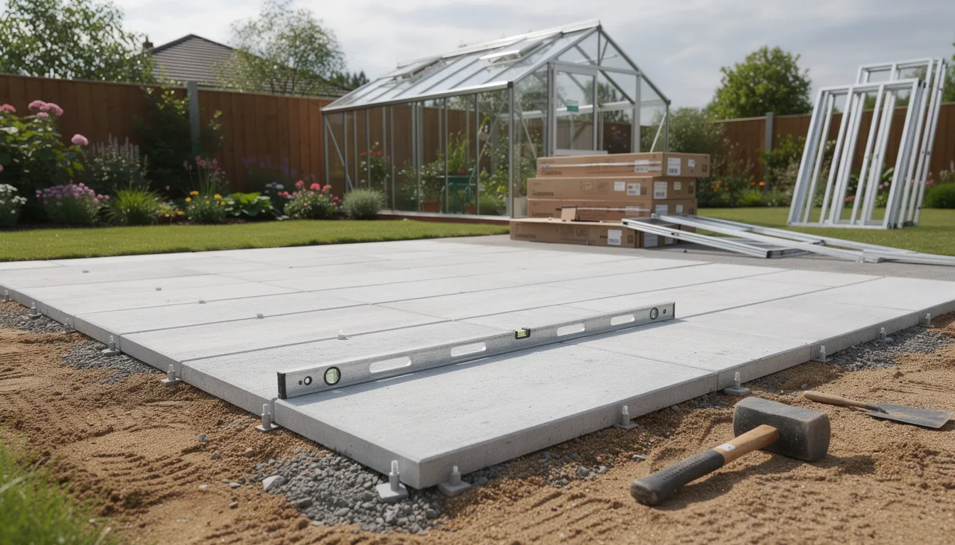 The image shows workers preparing a flat and level foundation using concrete paving slabs for a garden greenhouse. This sturdy base will support the structure, which could be made from materials like powder coated aluminium frames and toughened glass panes.