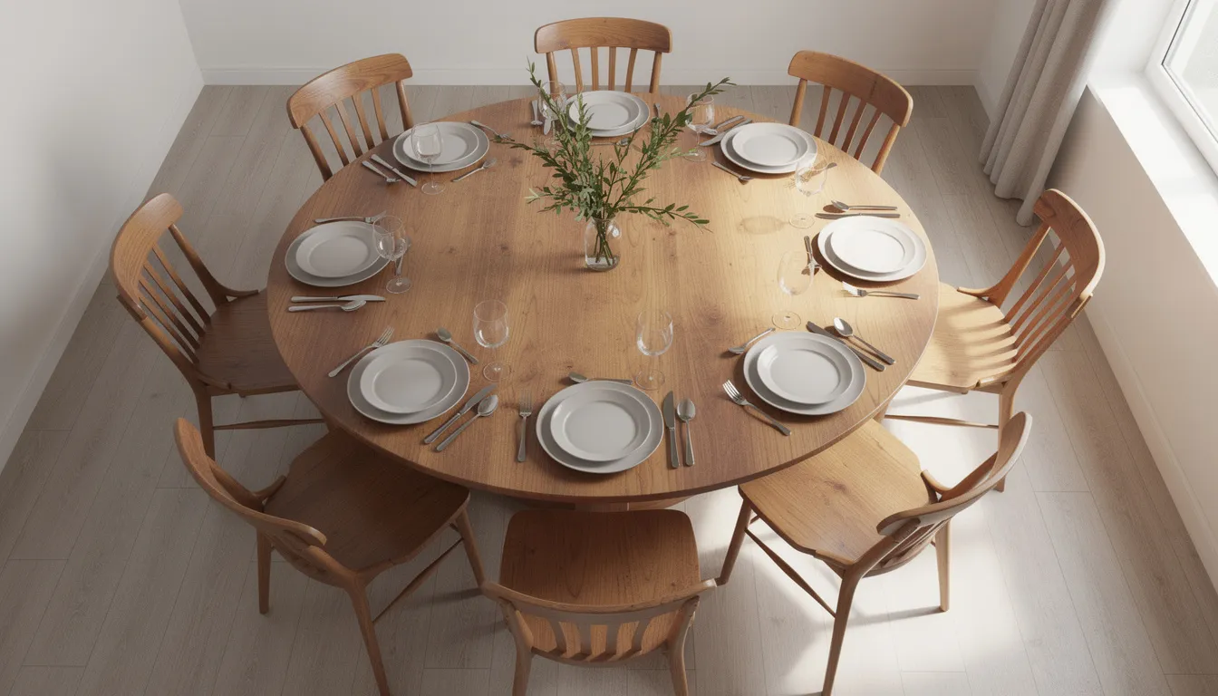 Bovenaanzicht van een gedekte ronde houten eettafel met een landelijke uitstraling, omringd door comfortabele stoelen. De tafel, gemaakt van eikenhout, biedt een gezellige sfeer voor het gezin en vrienden, perfect voor dagelijkse maaltijden en speciale gelegenheden.