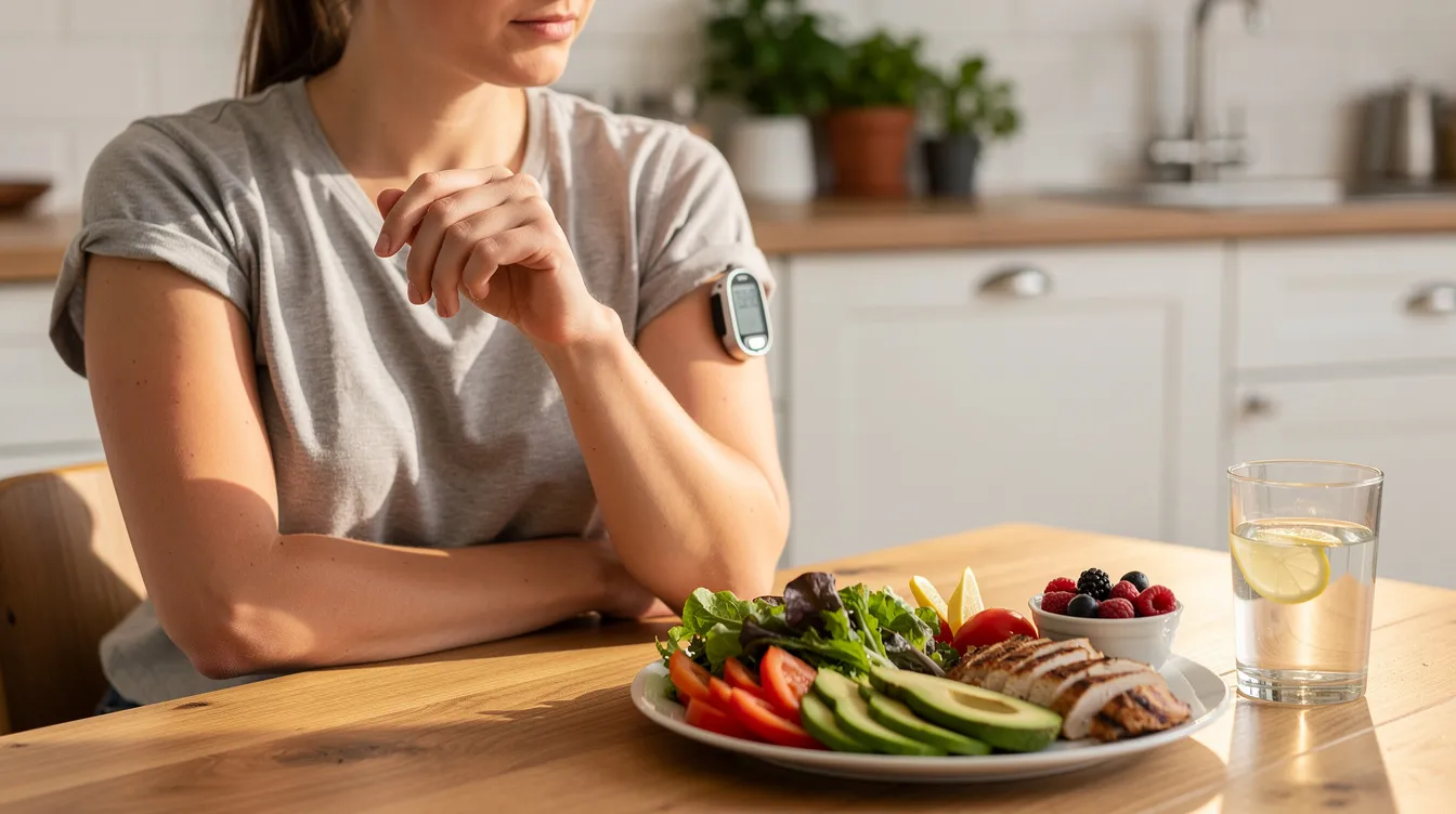 A person is sitting at a kitchen table, checking their glucose monitor on their arm while surrounded by healthy food options. This scene highlights the importance of managing blood glucose levels, which can be supported by various health benefits of cordyceps supplements and other medicinal mushrooms.