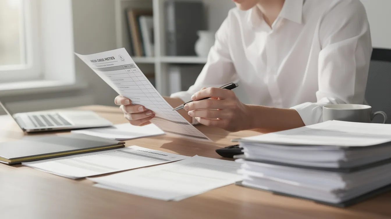 Eine Person sitzt an einem Schreibtisch, umgeben von Dokumenten, einem Stift und einer Checkliste in der Hand, während sie Informationen zu Mietobergrenzen und Kosten der Unterkunft für einen Antrag auf Bürgergeld überprüft. Der Schreibtisch ist ordentlich und vermittelt einen Eindruck von Organisation und Vorbereitung auf die Antragstellung.