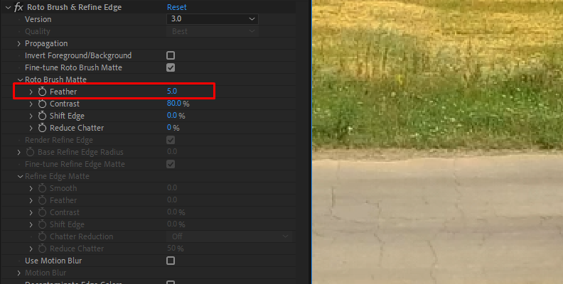 Adjusting the "Feather" parameter for the mask in After Effects