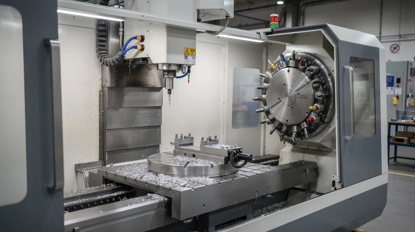 The image depicts a 5-axis CNC machining center, showcasing a tool magazine carousel filled with various cutting tools used in computer numerical control machining. This advanced CNC technology allows for efficient machining of complex geometries, making it a vital component in modern machine shops and the manufacturing industry.