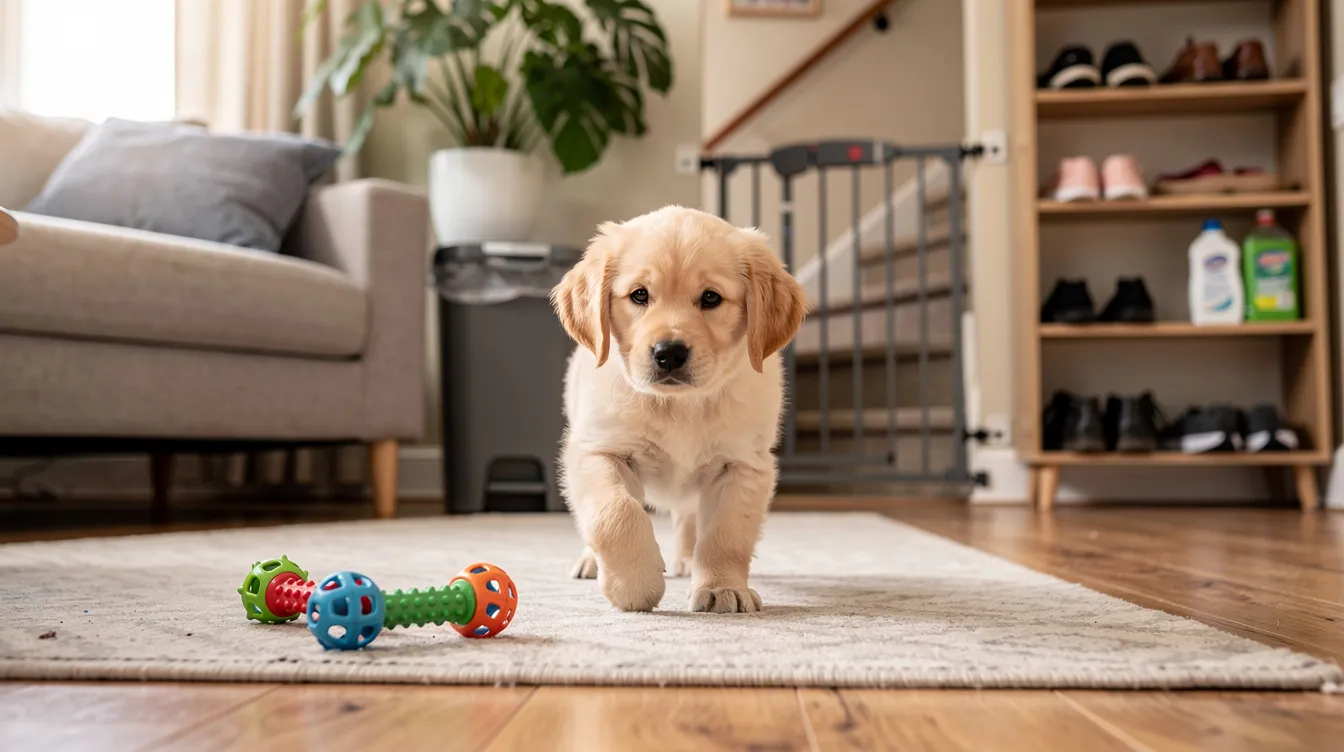The image depicts a cozy living room puppy-proofed for a new puppy, featuring chew toys scattered on the floor, childproof latches on cabinets, and electrical cords safely tucked away, creating a secure environment for the curious pup. In the background, there are plants placed out of reach, ensuring a safe space free from potential hazards for this new family member.