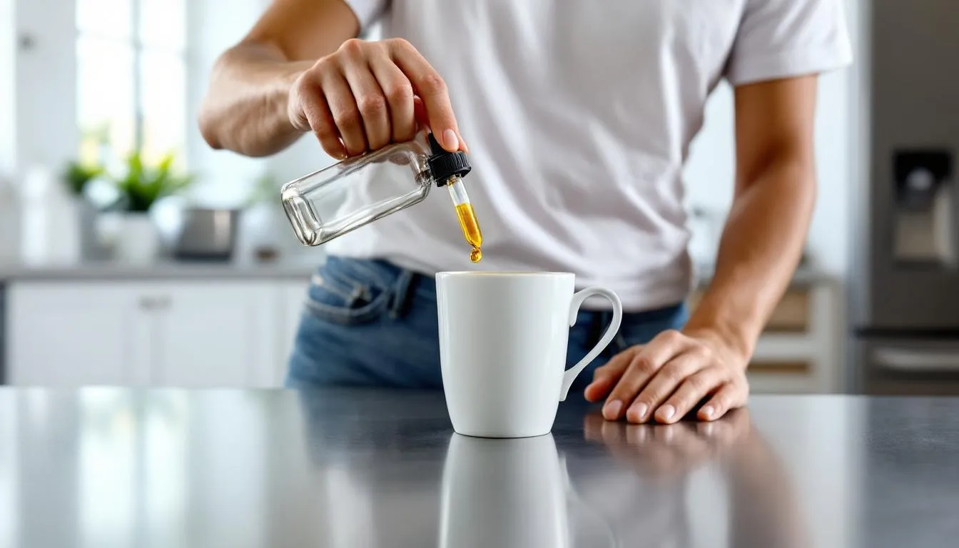 A person is pouring MCT oil, known for its medium chain fatty acids, into a cup of black coffee on a countertop in a modern kitchen. This dietary supplement is often used for its health benefits, including promoting weight loss and enhancing energy metabolism.