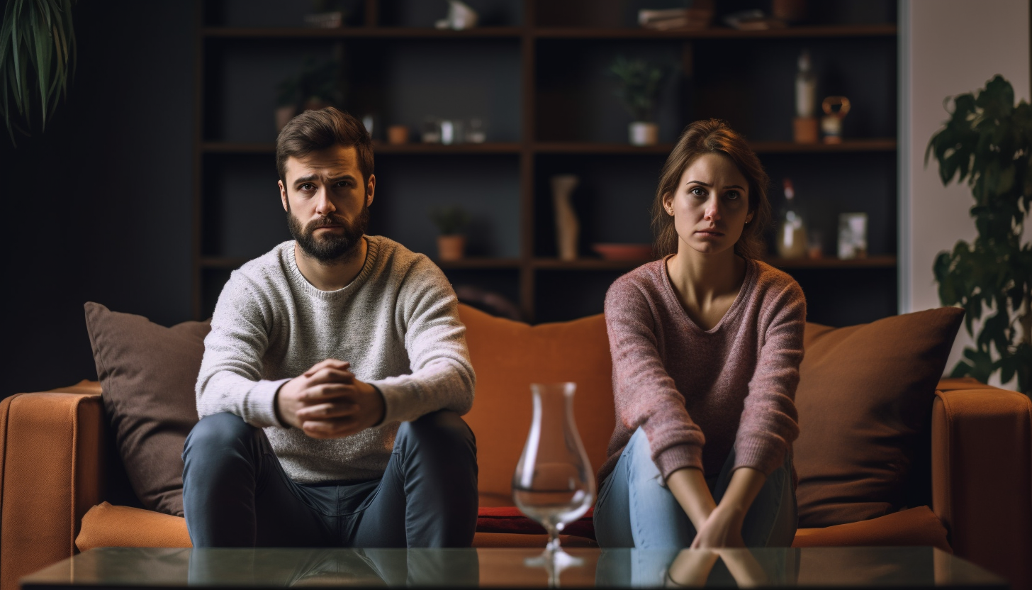 Couple sitting beside each other on the couch, looking sad.