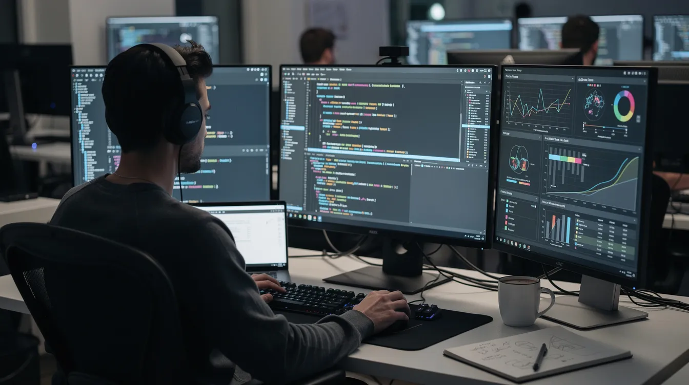The image depicts a person sitting at a desk surrounded by multiple monitors displaying code and AI dashboards, showcasing various aspects of deep learning models and natural language processing. The screens reveal insights into training data, model architecture, and generative models, emphasizing the intricate work involved in fine-tuning AI systems.