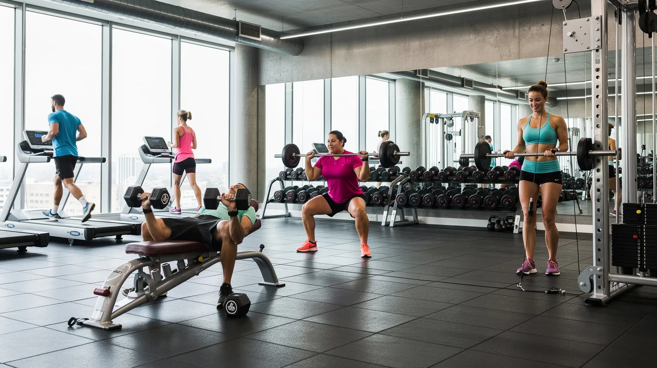 Un grupo de personas entrena en un gimnasio moderno, rodeados de equipamiento variado que incluye pesas, máquinas de cardio y áreas para clases grupales. La imagen refleja un ambiente activo y motivador, ideal para fomentar la retención de clientes en un centro deportivo.