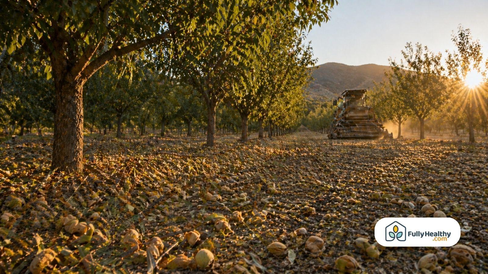 Almond harvest machine moving through orchard rows at golden sunset light