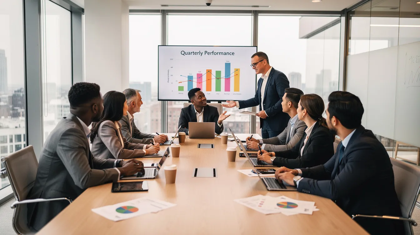 Un groupe diversifié de professionnels d'affaires discute activement dans une salle de réunion moderne, échangeant des idées et des stratégies commerciales. Cette interaction dynamique met en avant l'importance de la collaboration pour construire un bon argumentaire de vente et répondre aux besoins des clients.