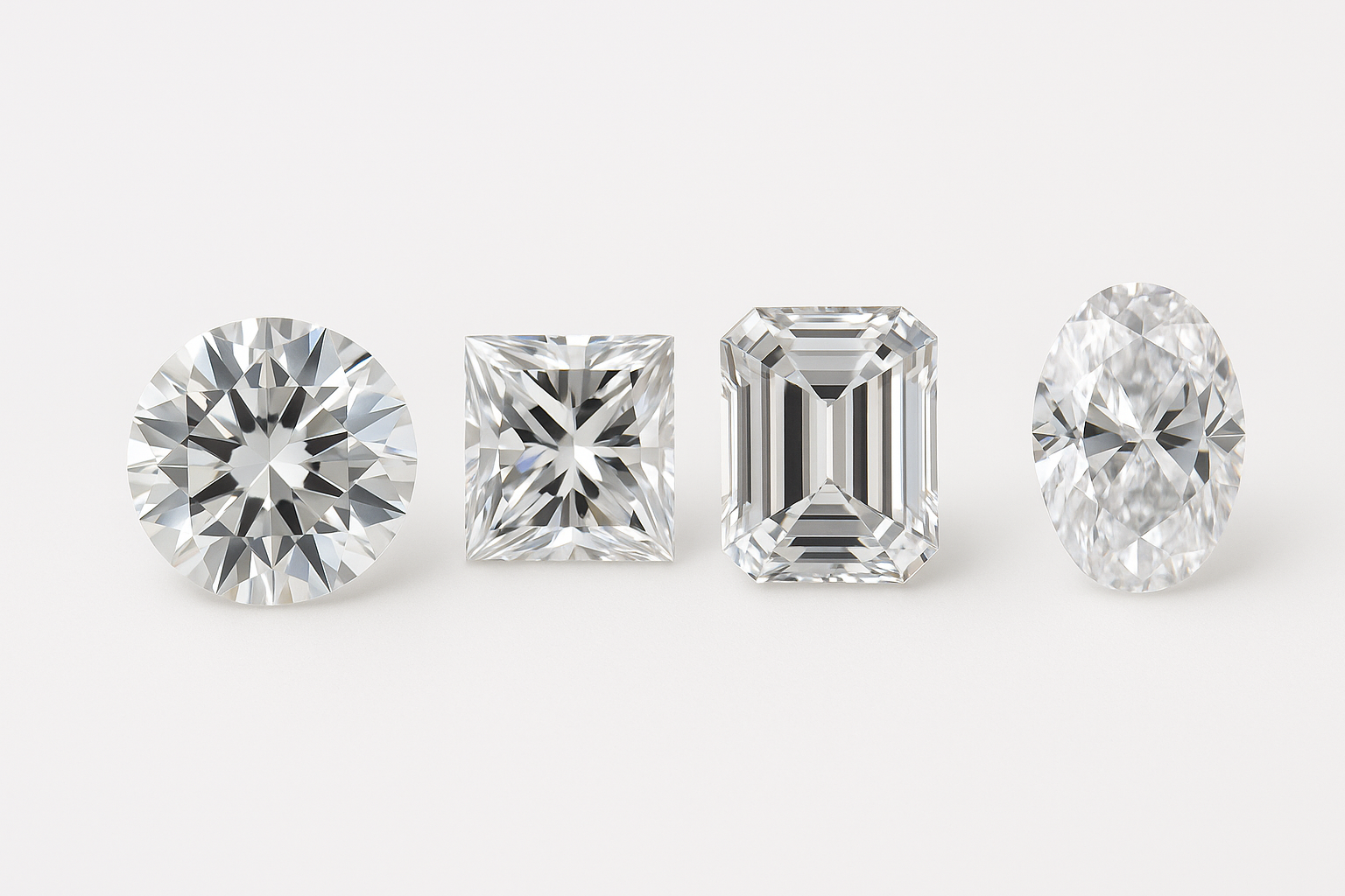 Keturi deimantai – apvalus briliantas, princesės formos, stačiakampis smaragdo pjūvio ir ovalus – išdėstyti vienoje eilėje ant balto fono, aiškiai matomi jų skirtingi pjūviai ir spindesys