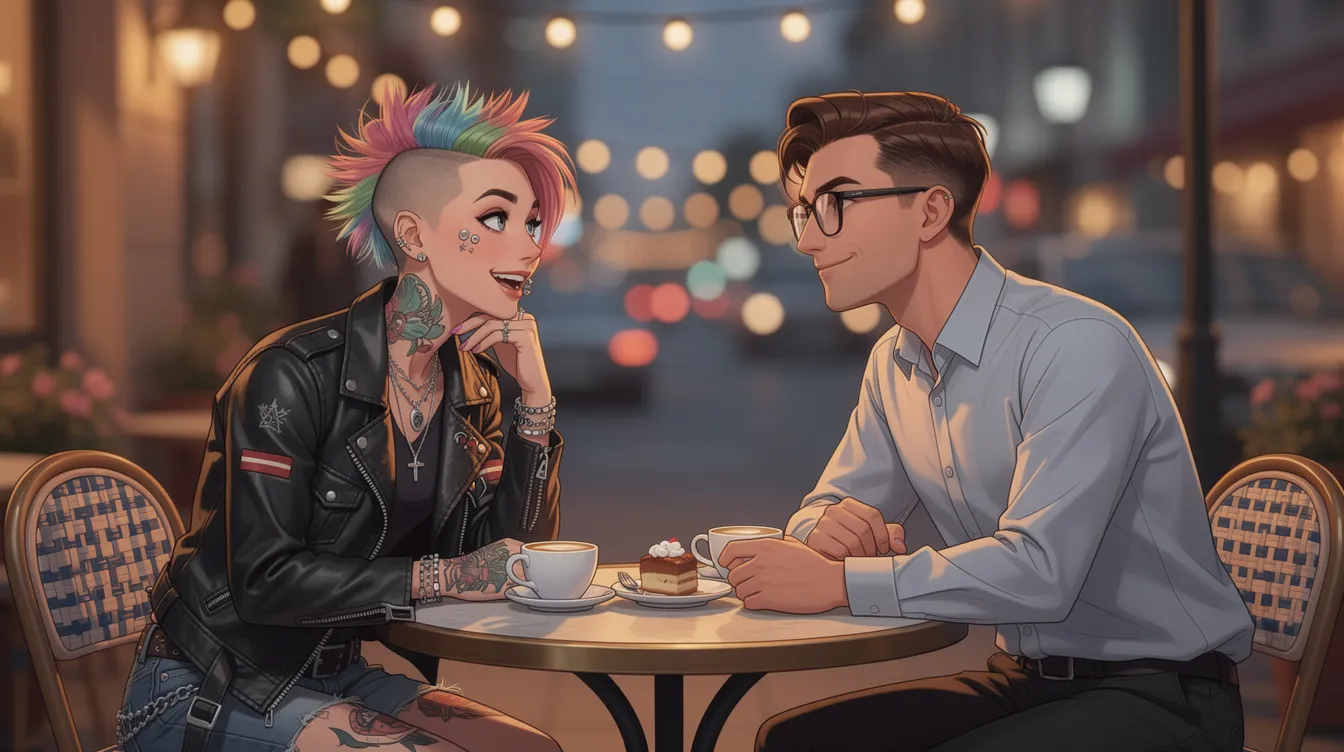 The image depicts a couple on a date, showcasing the concept of "Opposites Attract" as they enjoy each other's company despite their different interests. Their chemistry and emotional connection suggest a promising start to a potentially successful relationship built on mutual respect and shared values.