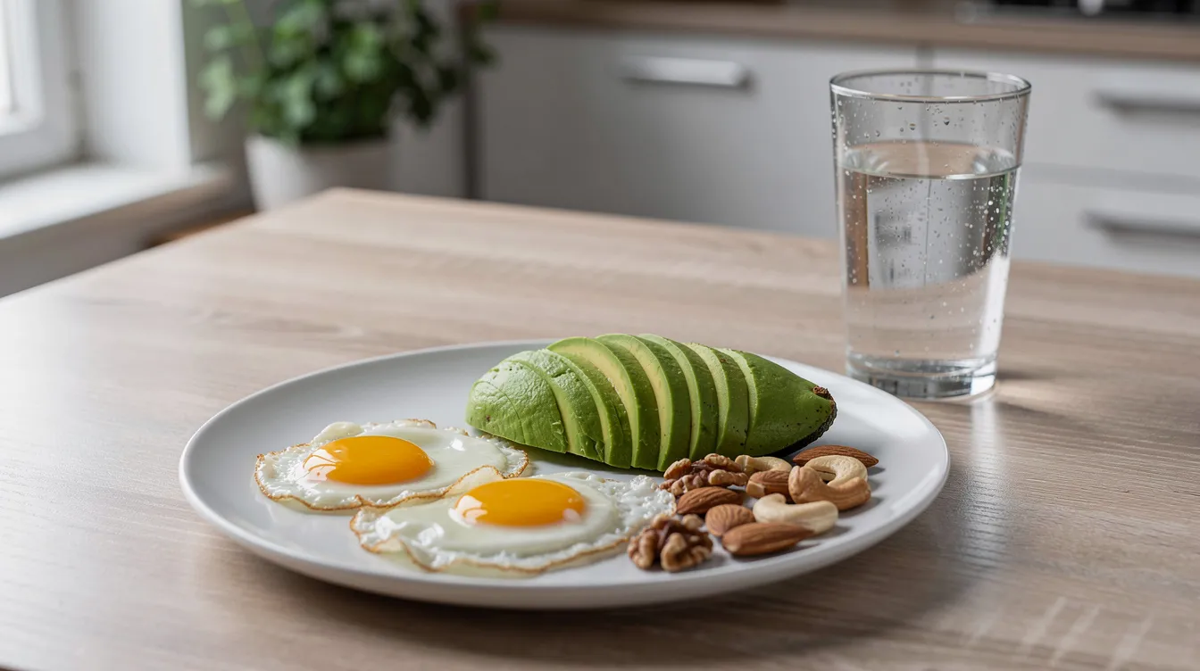 The image features a vibrant breakfast plate with perfectly cooked eggs, creamy avocado slices, and a handful of nuts, accompanied by a refreshing glass of water, all set on a clean kitchen counter. This nutritious meal is ideal for boosting testosterone levels and supporting overall health, contributing to enhanced muscle mass and energy levels.