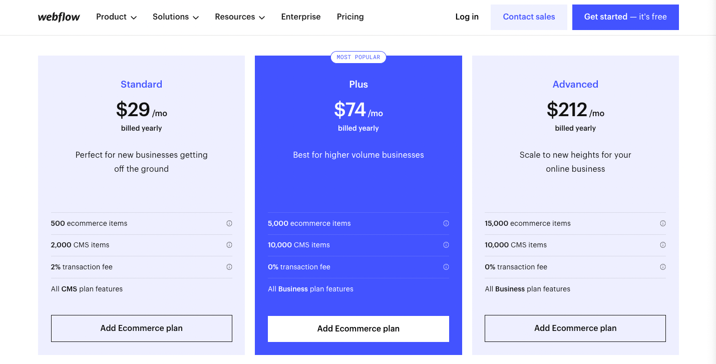 Webflow prices and features for eCommerce.