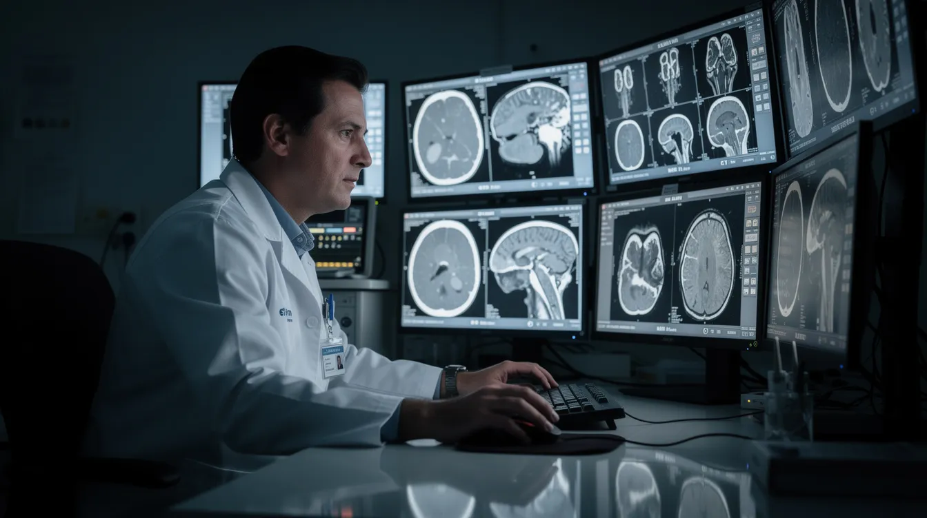 A radiologist is intently reviewing scan images on multiple monitor screens in a dimly lit imaging room, highlighting the crucial role of diagnostic procedures in the healthcare sector. The setting showcases advanced diagnostic equipment essential for thorough medical testing and diagnostic services.