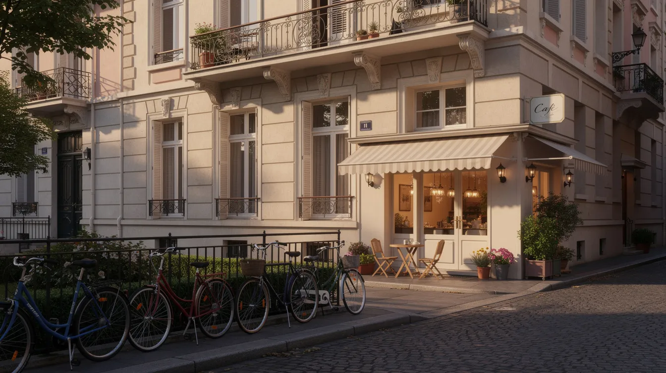 An elegant European apartment building stands on a quiet street, with bicycles parked outside and a charming cafe on the ground floor, reflecting a serene lifestyle in Slovenia. This image captures the essence of urban living, where Indian workers might seek employment opportunities in various industries, including tourism and manufacturing, while enjoying the local culture.