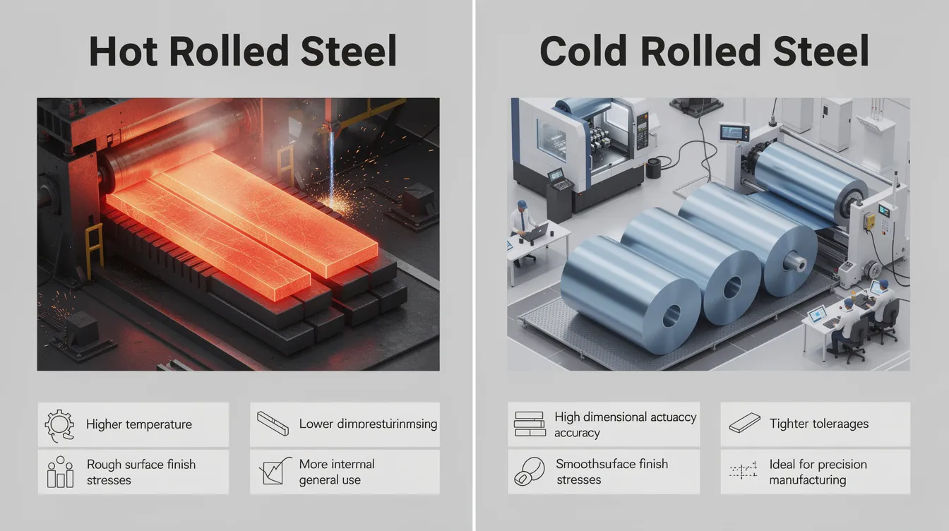 The image illustrates the comparison between hot rolled steel and cold rolled steel, highlighting their distinct manufacturing processes and applications. Hot rolled steel is shown with a rougher, scaled surface, while cold rolled steel features a smoother finish, showcasing its precision for applications requiring tight tolerances and better surface quality.