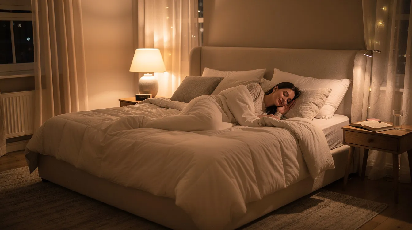 A person is peacefully sleeping in a cozy bedroom, surrounded by soft lighting that creates a calming atmosphere. This serene setting is conducive to better sleep, which can support natural growth hormone production and overall health.