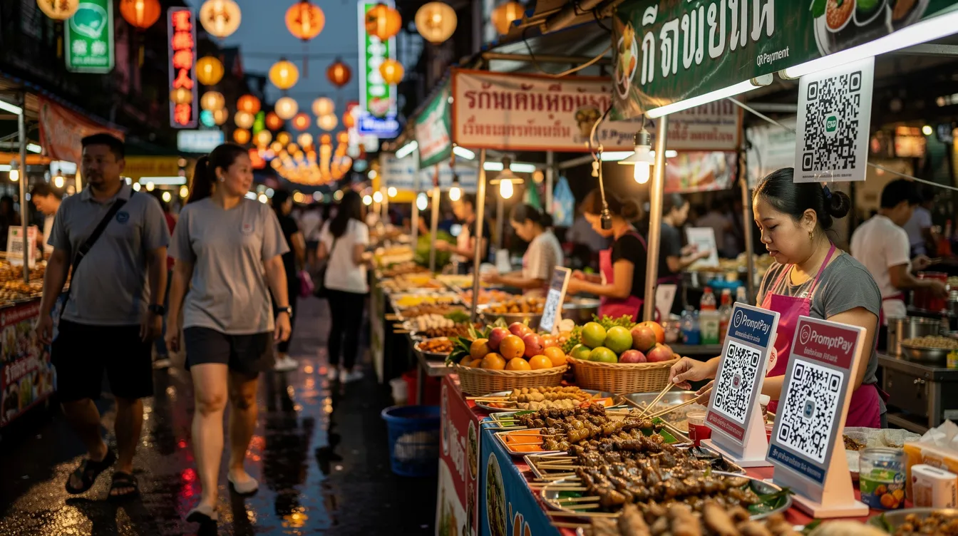 The image depicts a vibrant Thai street market bustling with people, where various vendors prominently display signs for QR code payments, highlighting the convenience of digital wallets and popular payment methods in Thailand. The colorful stalls and the lively atmosphere reflect the digital transformation in commerce, making it easy for consumers to pay utility bills and enjoy shopping using their smartphones.