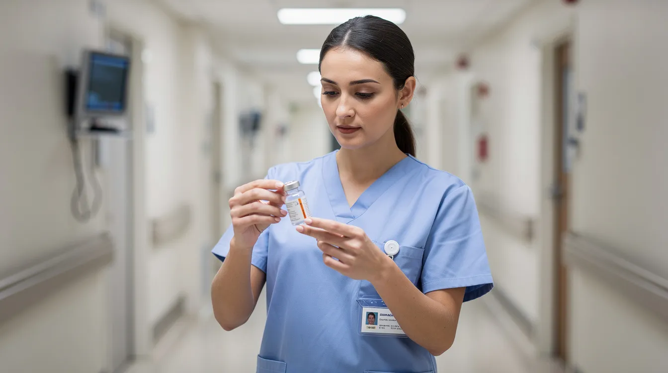 A healthcare worker in scrubs is carefully examining a medication vial label in a hospital hallway, emphasizing the importance of safe medication practices to prevent medication errors and ensure patient safety. This scene highlights the critical role that medical professionals play in avoiding medical malpractice and ensuring proper care for patients.