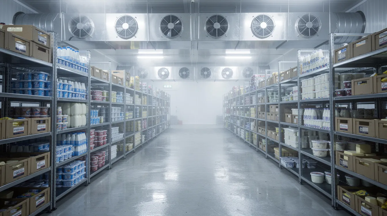 The image depicts a large walk-in cold storage room filled with stacked crates of various dairy products, including skimmed milk powder and whole milk powder, while refrigeration units are visible on the ceiling to maintain a controlled environment essential for the dairy processing plant. This setup is crucial for ensuring the quality and longevity of the milk products in the global milk powder market.