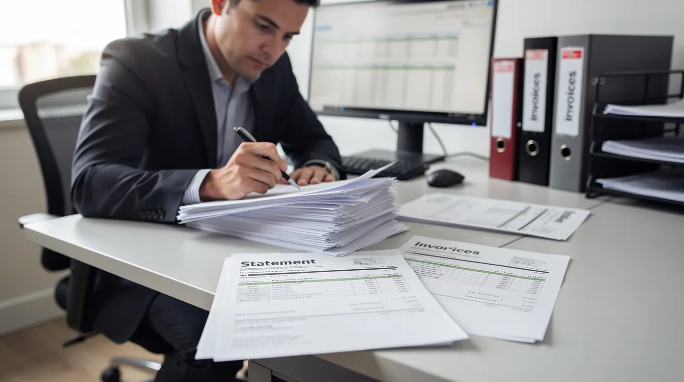 A person is sitting at a desk, carefully reviewing printed documents and invoices related to their business operations. The scene suggests a focus on financial assistance, possibly in the context of applying for a mudra loan to support their small or micro enterprise.