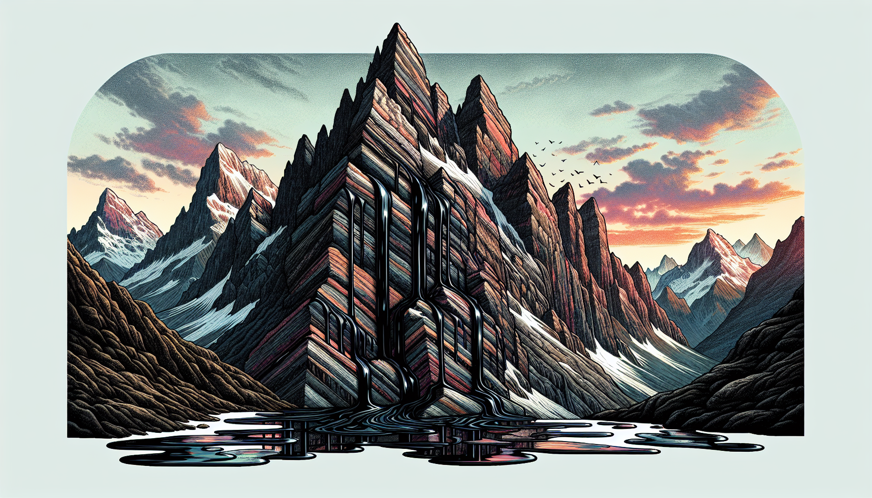 Illustration of mountain ranges with shilajit resin oozing out